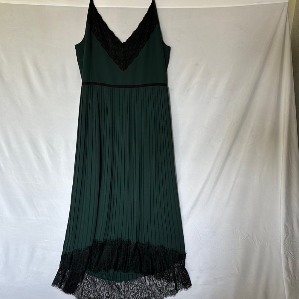 J. Crew Forest Green Hi Low Dress with Black Lace